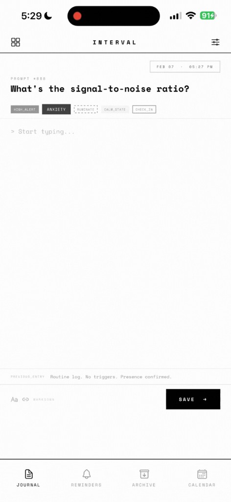Interval app journal screen with prompt and tag selectors