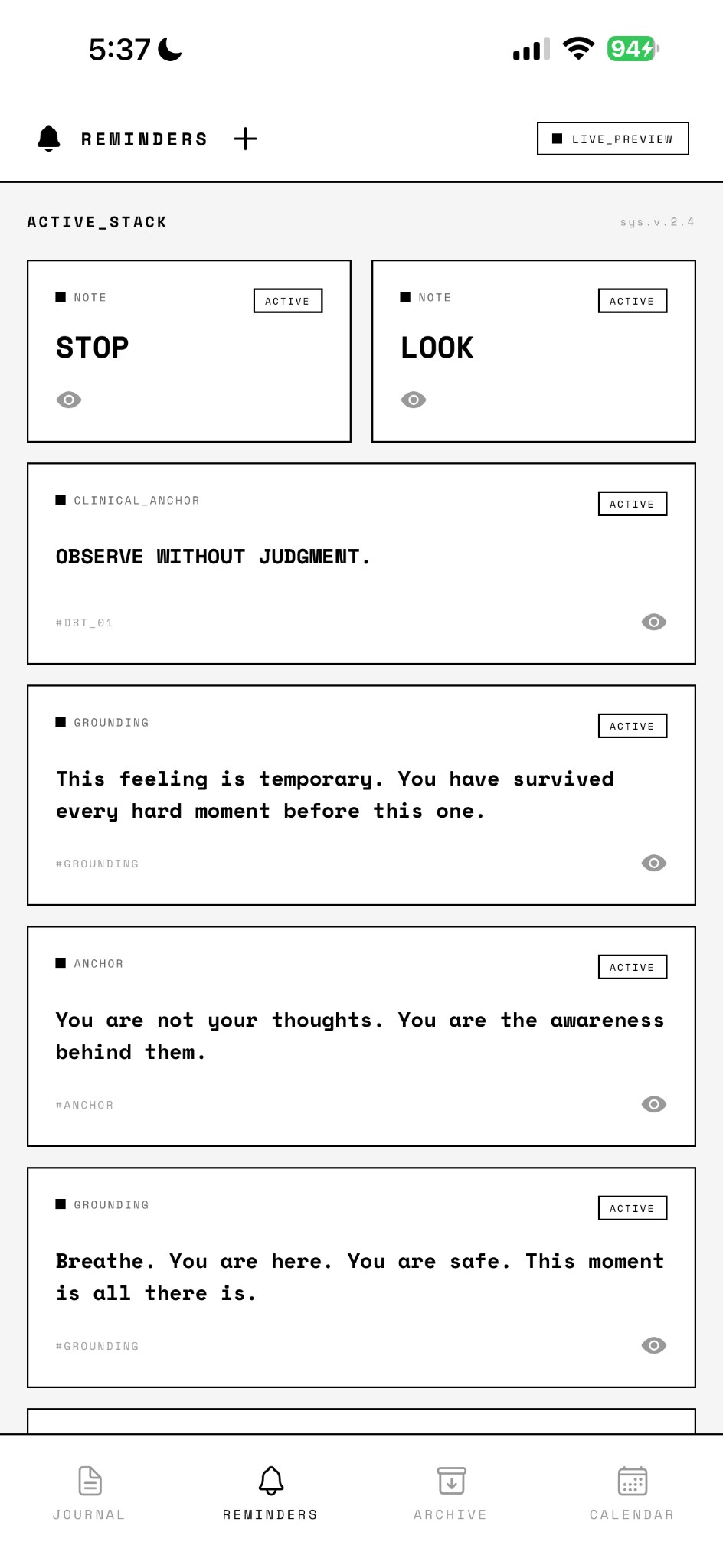 Interval app Reminders screen with active stack and DBT-style cards