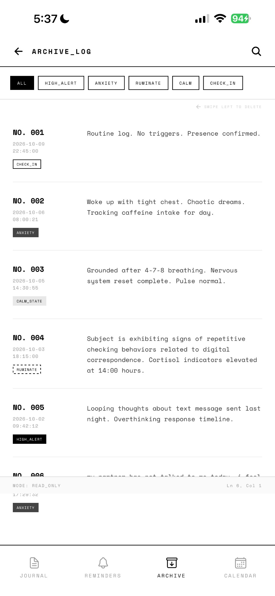 Interval app Archive log with filtered entries and mood tags